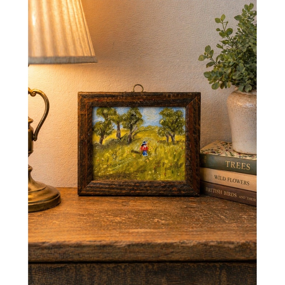 Vtg Miniature‎ Oil Landscape Painting Framed Meadow Figure Rustic Wood 5.5x4.5